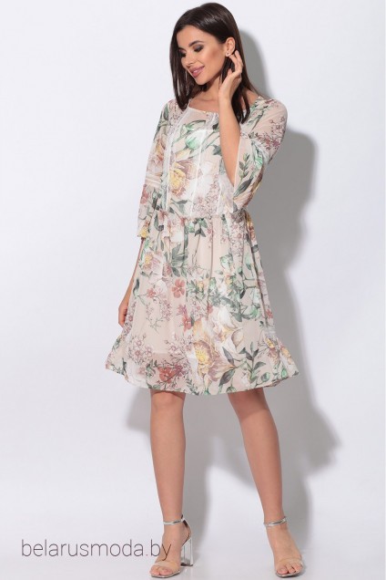 Платье LeNata, модель 12081 бежевый+цветы
