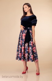 Костюм с юбкой Svetlana Style, модель 1369 синий+цветы