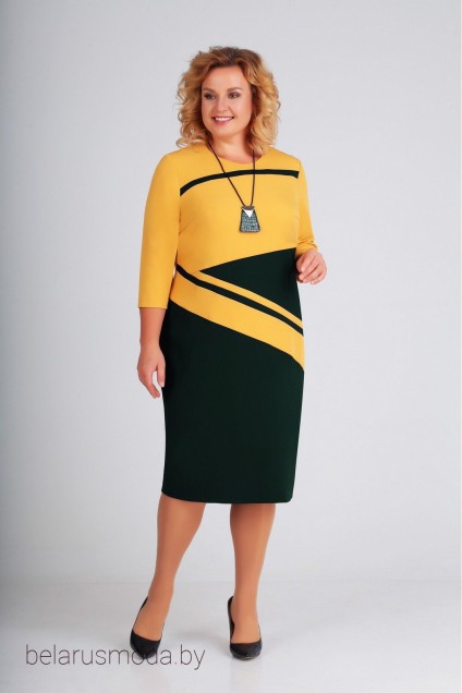 Платье Swallow, модель 205 горчица+бирюзово-зеленый